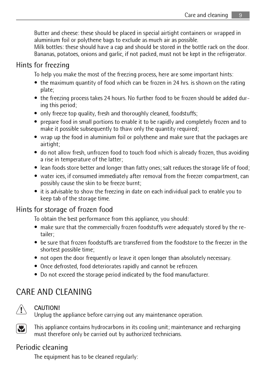 Electrolux SKS61240S0 Care and Cleaning, Hints for freezing, Hints for storage of frozen food, Periodic cleaning 