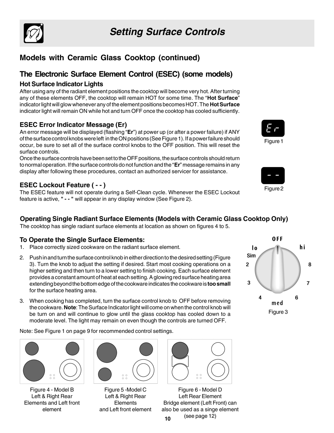 Electrolux Slide-in, Drop-in manual Hot Surface Indicator Lights, Esec Error Indicator Message Er, Esec Lockout Feature 