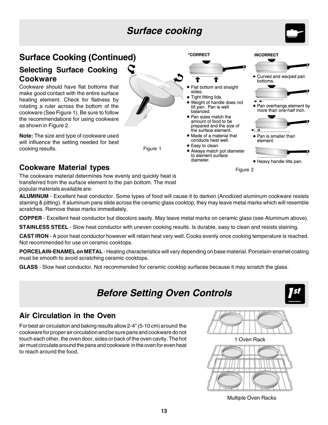 Electrolux Drop-in, Slide-in manual Surface cooking, Before Setting Oven Controls, Selecting Surface Cooking Cookware 