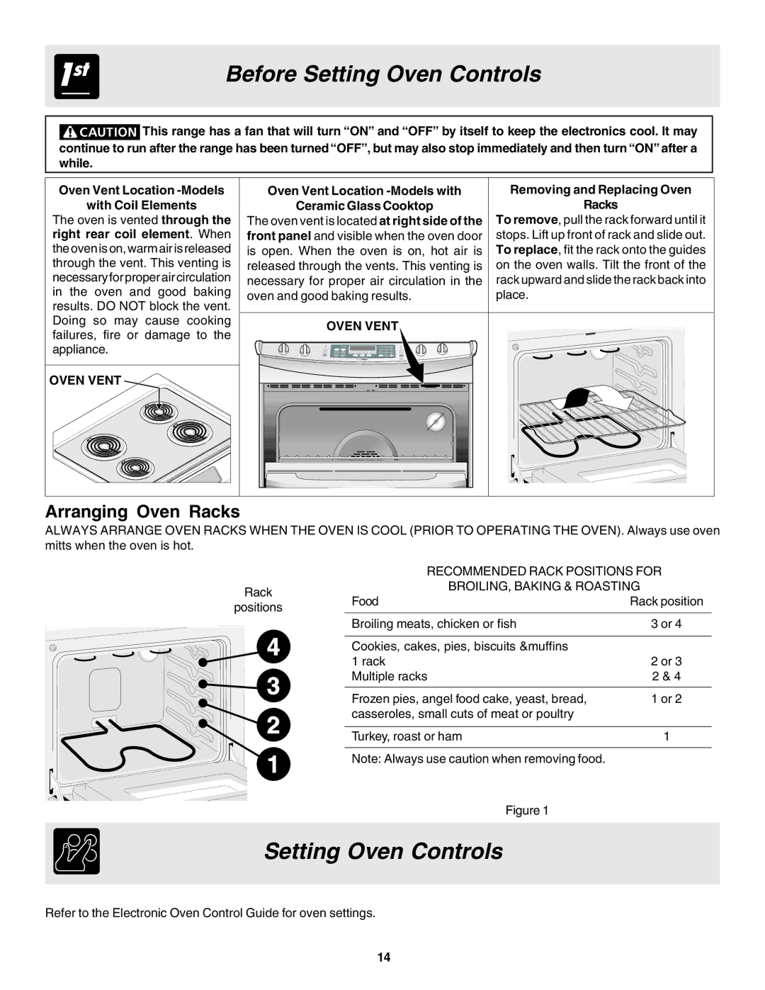 Electrolux Slide-in Setting Oven Controls, Arranging Oven Racks, Oven Vent Location -Models with Ceramic Glass Cooktop 