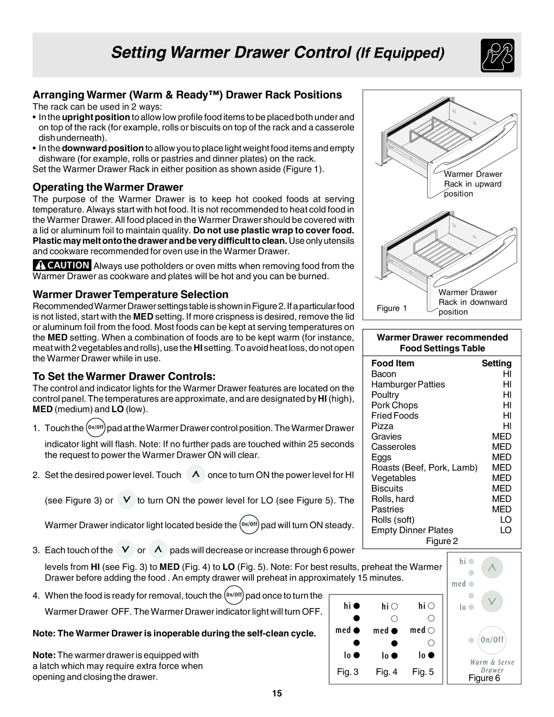 Electrolux Drop-in manual Setting Warmer Drawer Control If Equipped, Arranging Warmer Warm & Ready Drawer Rack Positions 