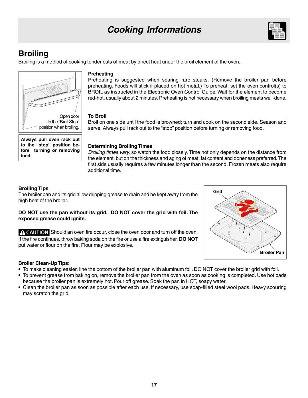 Electrolux Drop-in, Slide-in manual Preheating, To Broil, Determining Broiling Times, Broiling Tips, Broiler Clean-Up Tips 