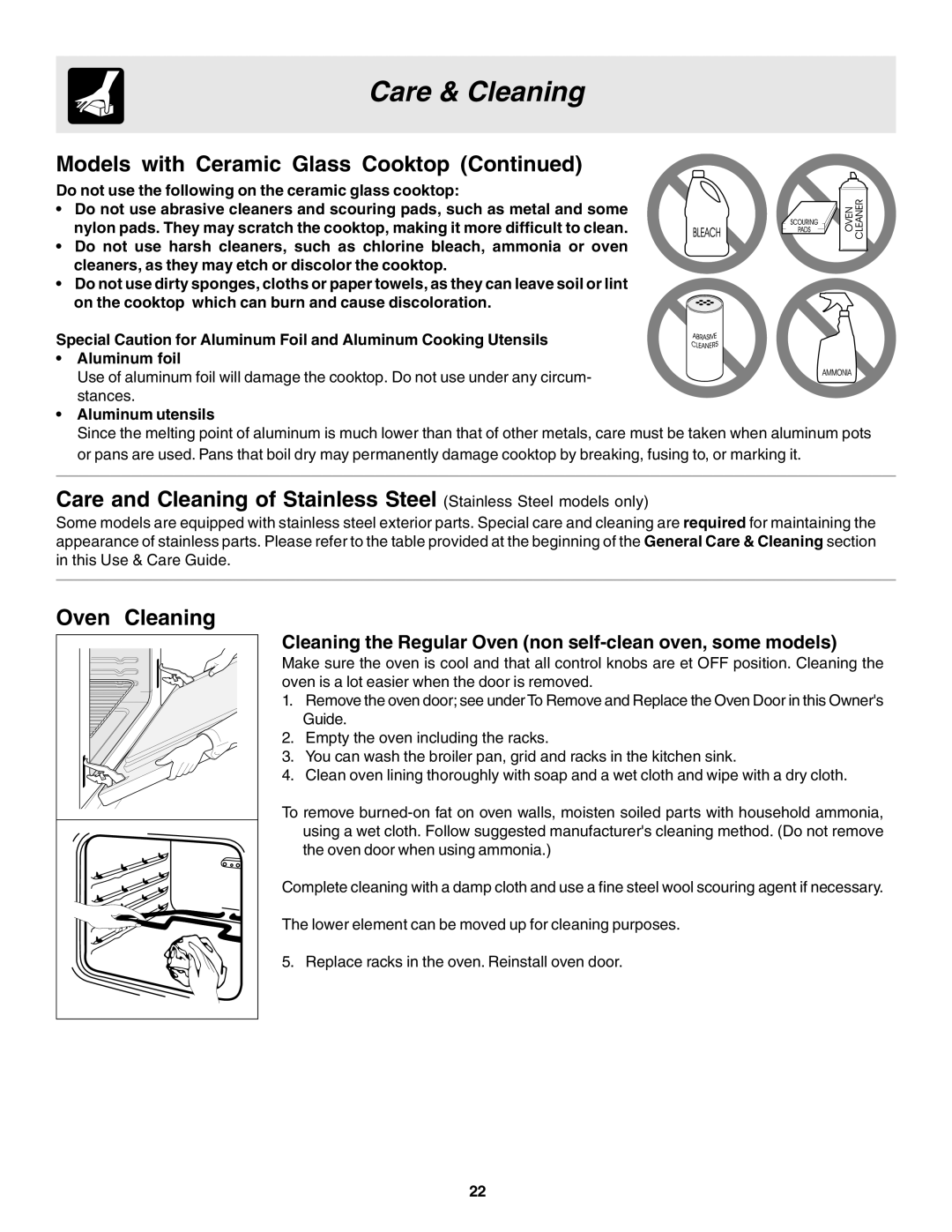 Electrolux Slide-in, Drop-in Oven Cleaning, Cleaning the Regular Oven non self-clean oven, some models, Aluminum utensils 