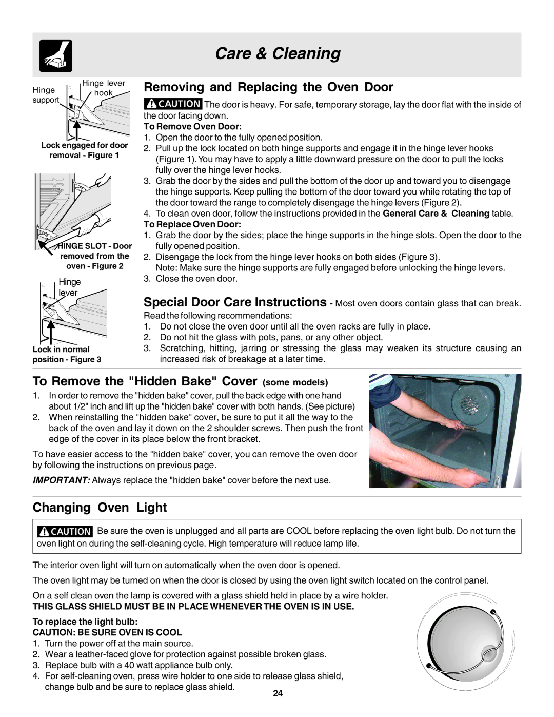 Electrolux Slide-in Removing and Replacing the Oven Door, To Remove the Hidden Bake Cover some models, Changing Oven Light 