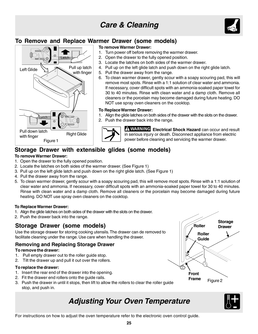 Electrolux Drop-in, Slide-in manual Adjusting Your Oven Temperature, To Remove and Replace Warmer Drawer some models 