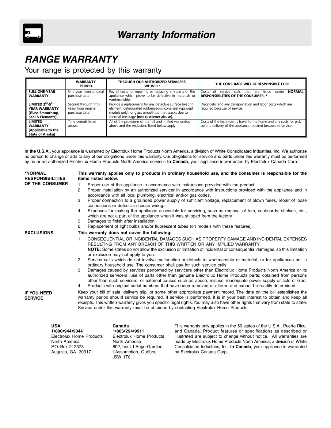 Electrolux Slide-in, Drop-in manual Warranty Information, Range Warranty 