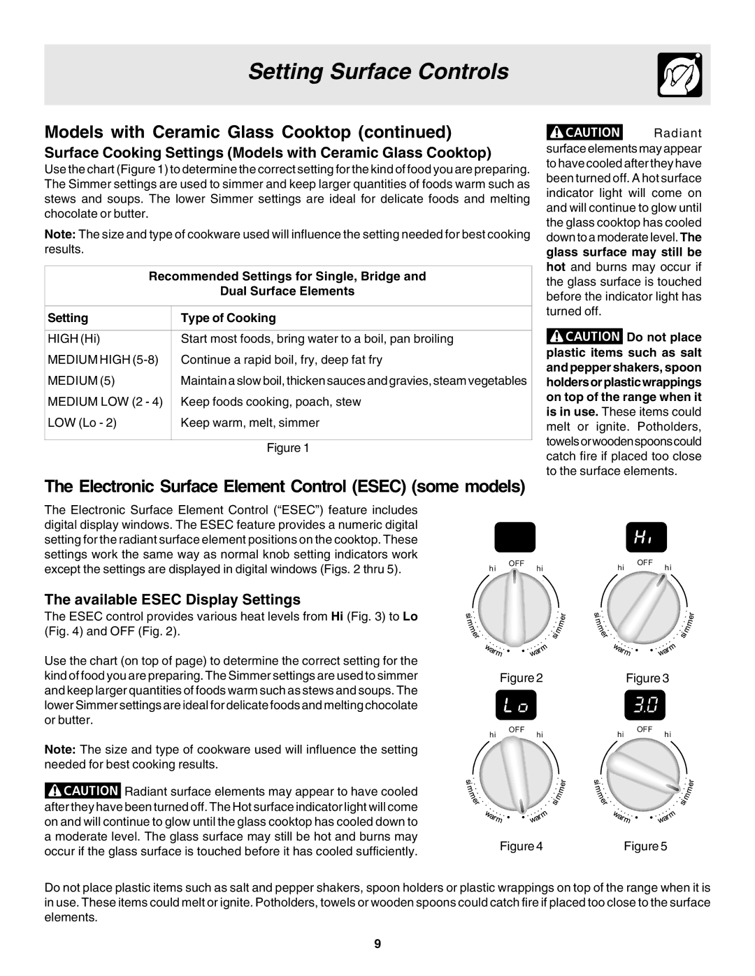 Electrolux Drop-in, Slide-in manual Electronic Surface Element Control Esec some models, Available Esec Display Settings 