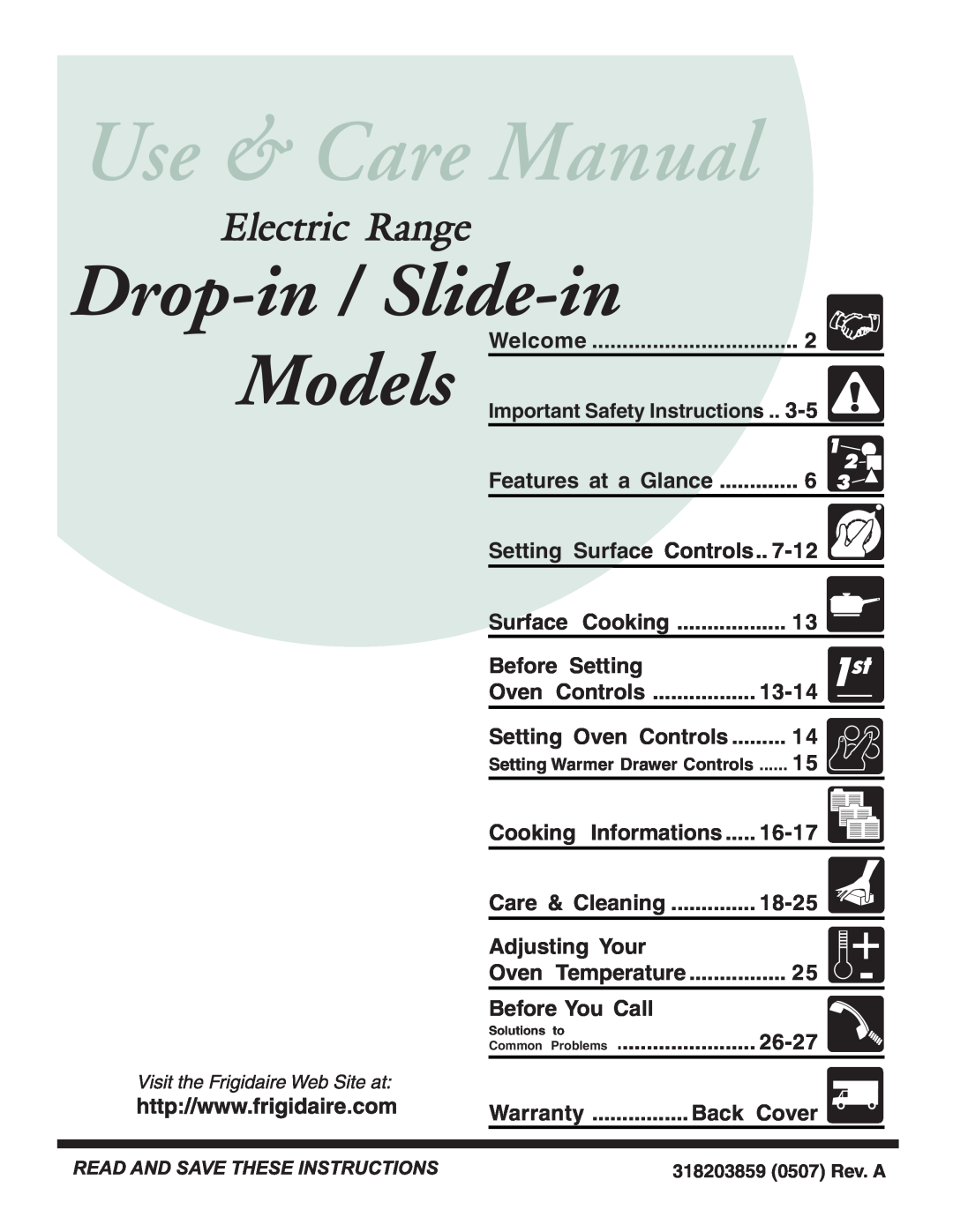 Electrolux Drop-in manual Welcome, 7-12, Before Setting, Oven Controls, 13-14, Cooking, 16-17, Care & Cleaning, 18-25 