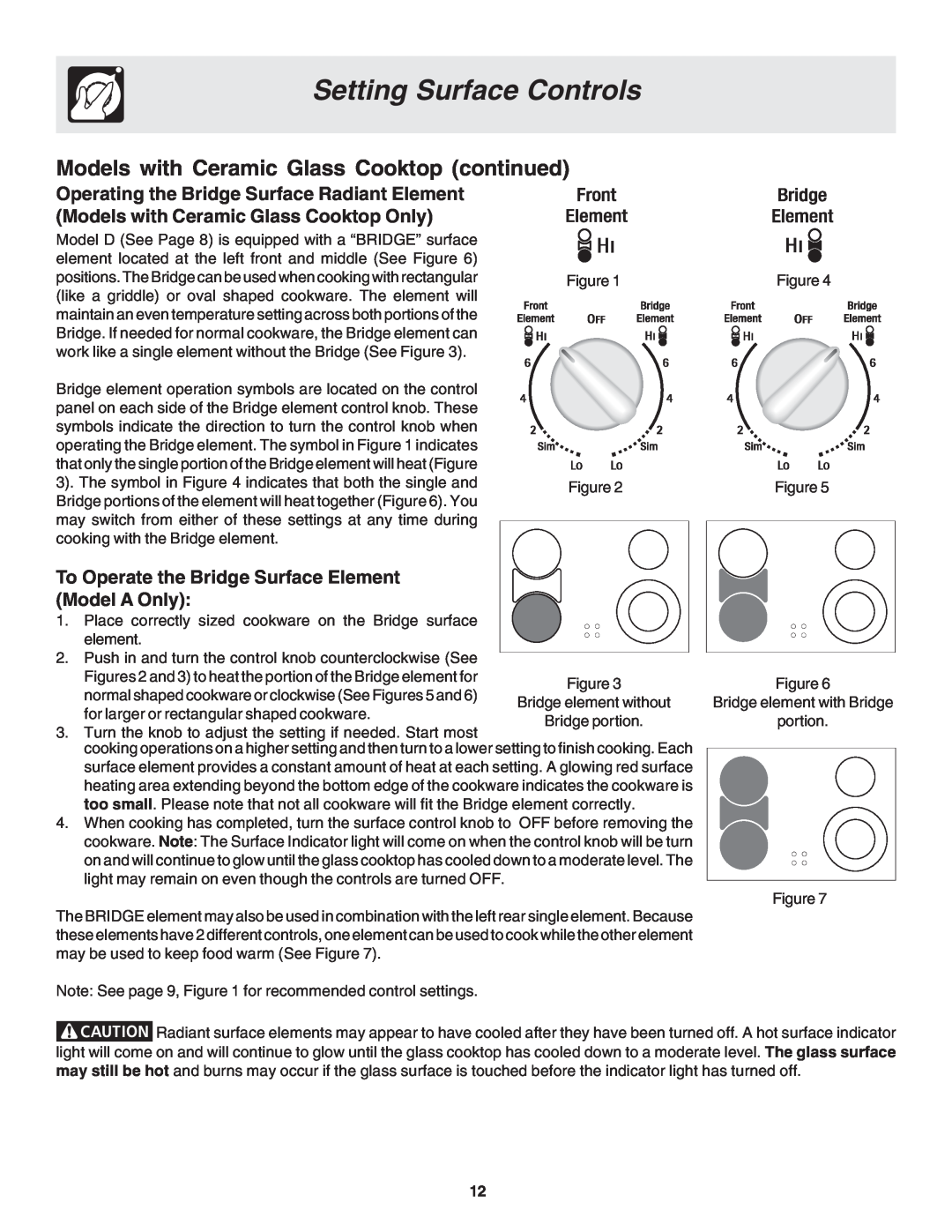 Electrolux Slide-in, Drop-in manual To Operate the Bridge Surface Element, Model A Only, Setting Surface Controls 