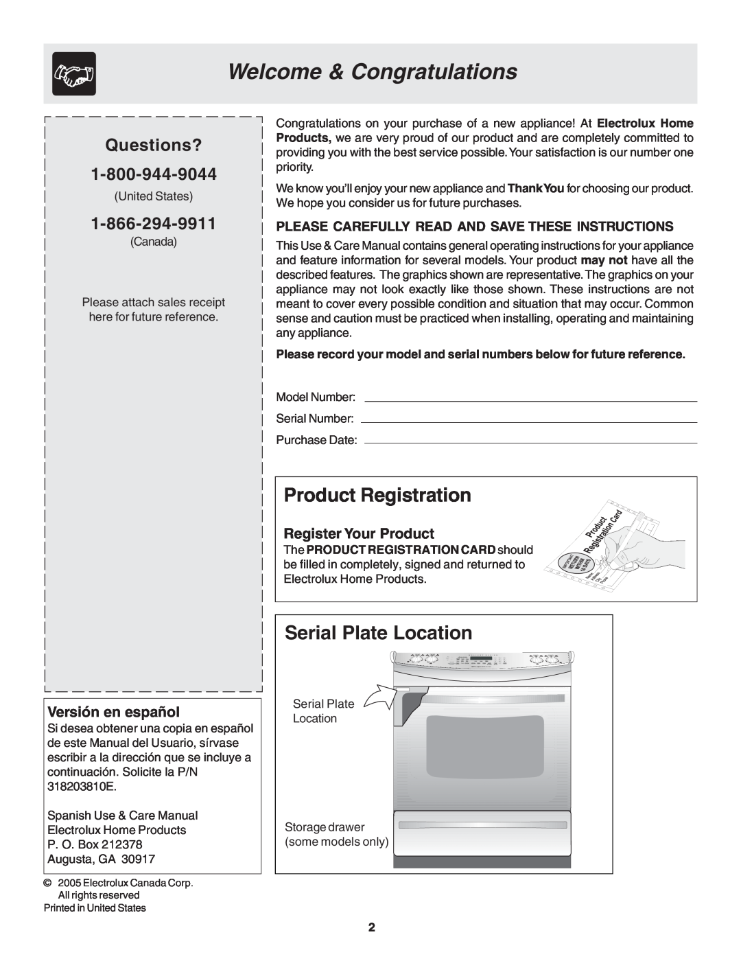 Electrolux Slide-in, Drop-in Welcome & Congratulations, Product Registration, Serial Plate Location, Versión en español 