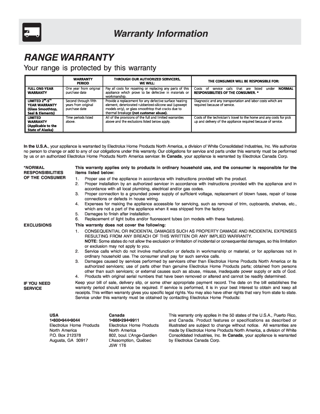 Electrolux Slide-in Warranty Information, Range Warranty, Your range is protected by this warranty, Canada, 1 866 294 