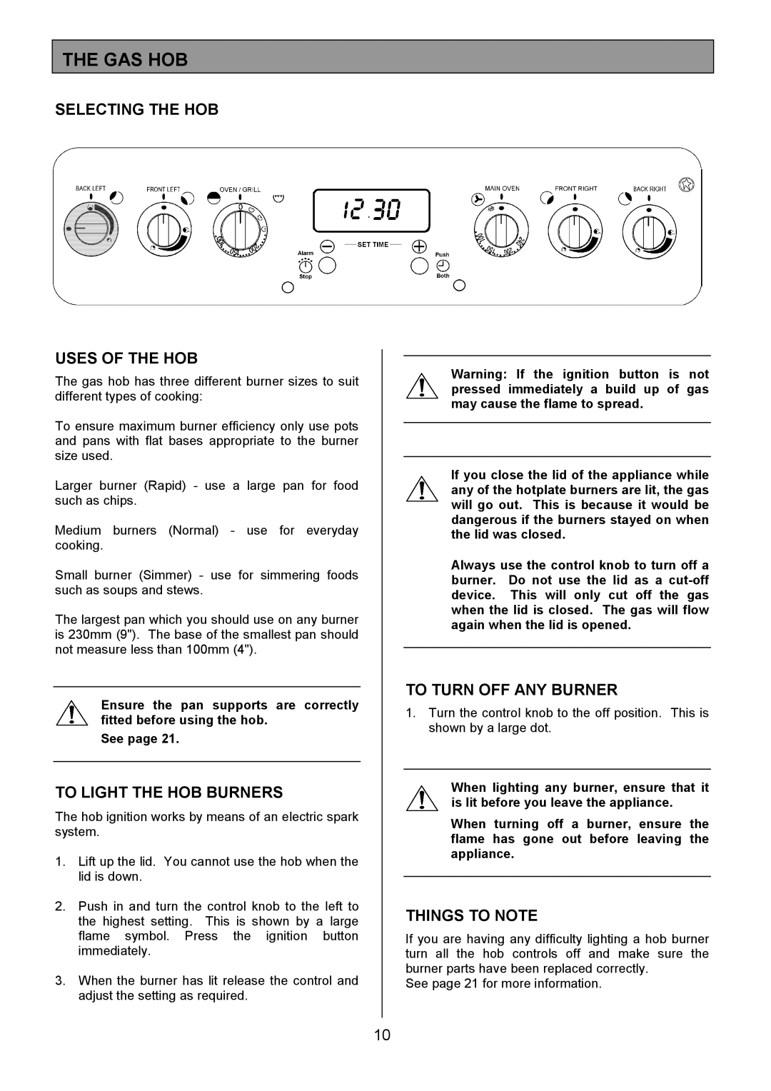 Electrolux SM 554 Gas Hob, Selecting the HOB Uses of the HOB, To Light the HOB Burners, To Turn OFF ANY Burner 