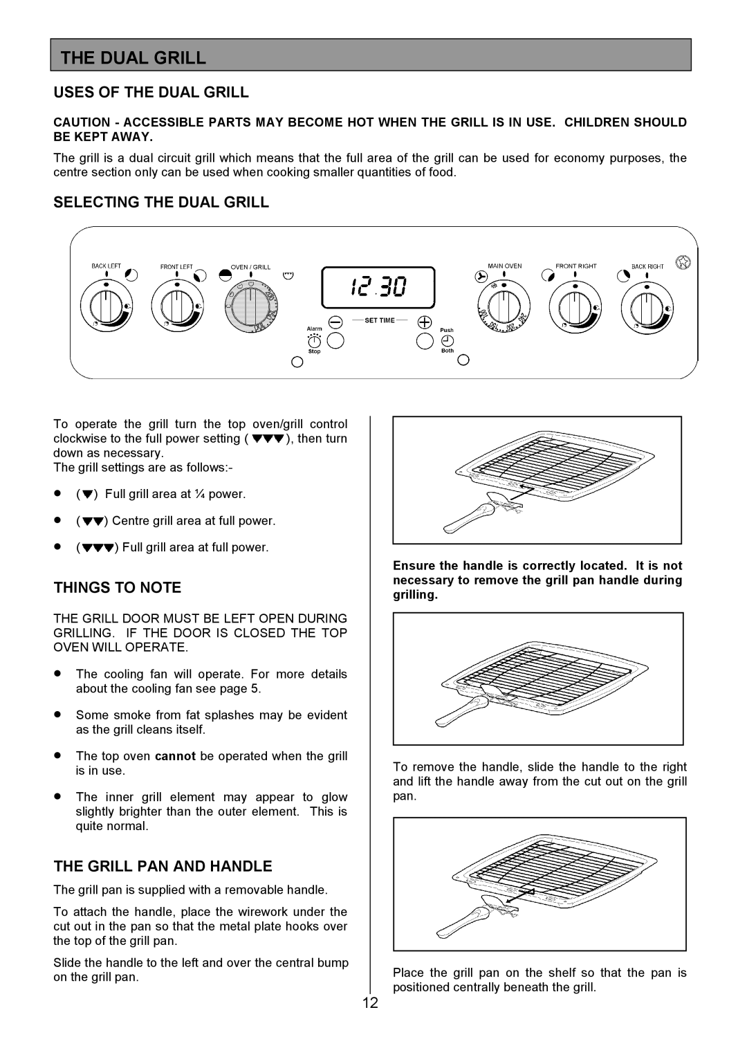 Electrolux SM 554 installation instructions Uses of the Dual Grill, Selecting the Dual Grill, Grill PAN and Handle 