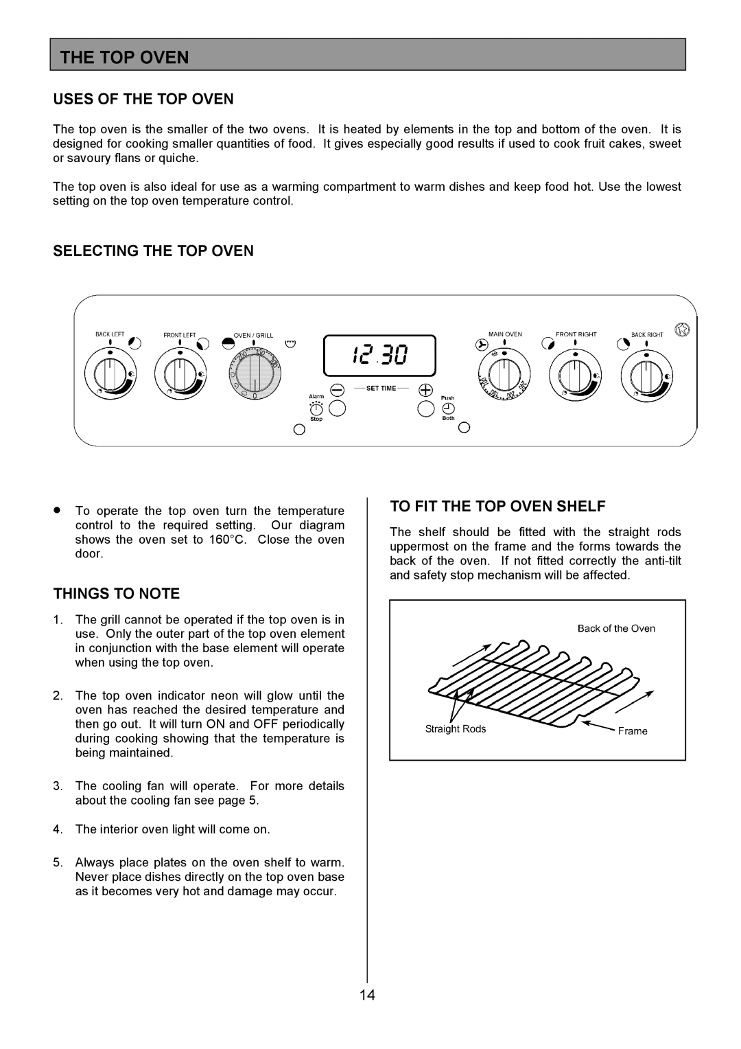 Electrolux SM 554 installation instructions Uses of the TOP Oven, Selecting the TOP Oven, To FIT the TOP Oven Shelf 