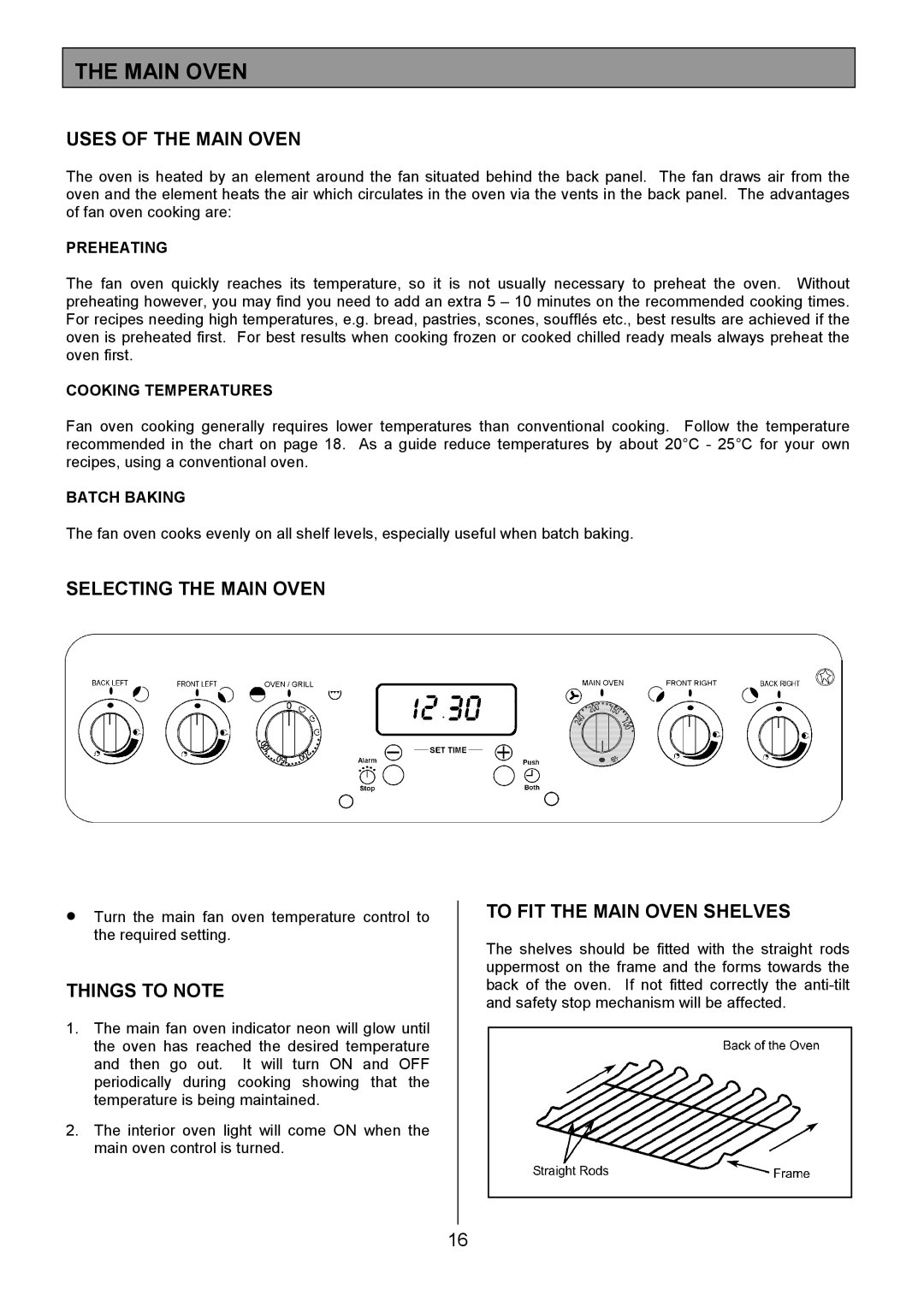 Electrolux SM 554 Uses of the Main Oven, Selecting the Main Oven, To FIT the Main Oven Shelves 