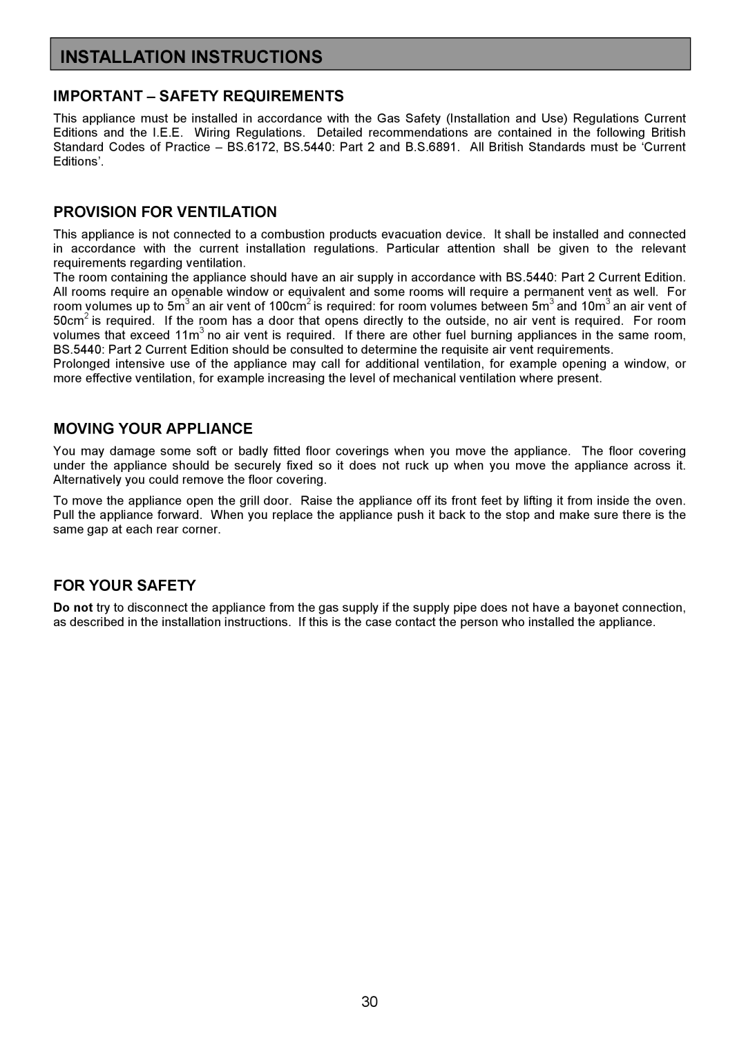 Electrolux SM 554 installation instructions Important Safety Requirements, Provision for Ventilation, Moving Your Appliance 