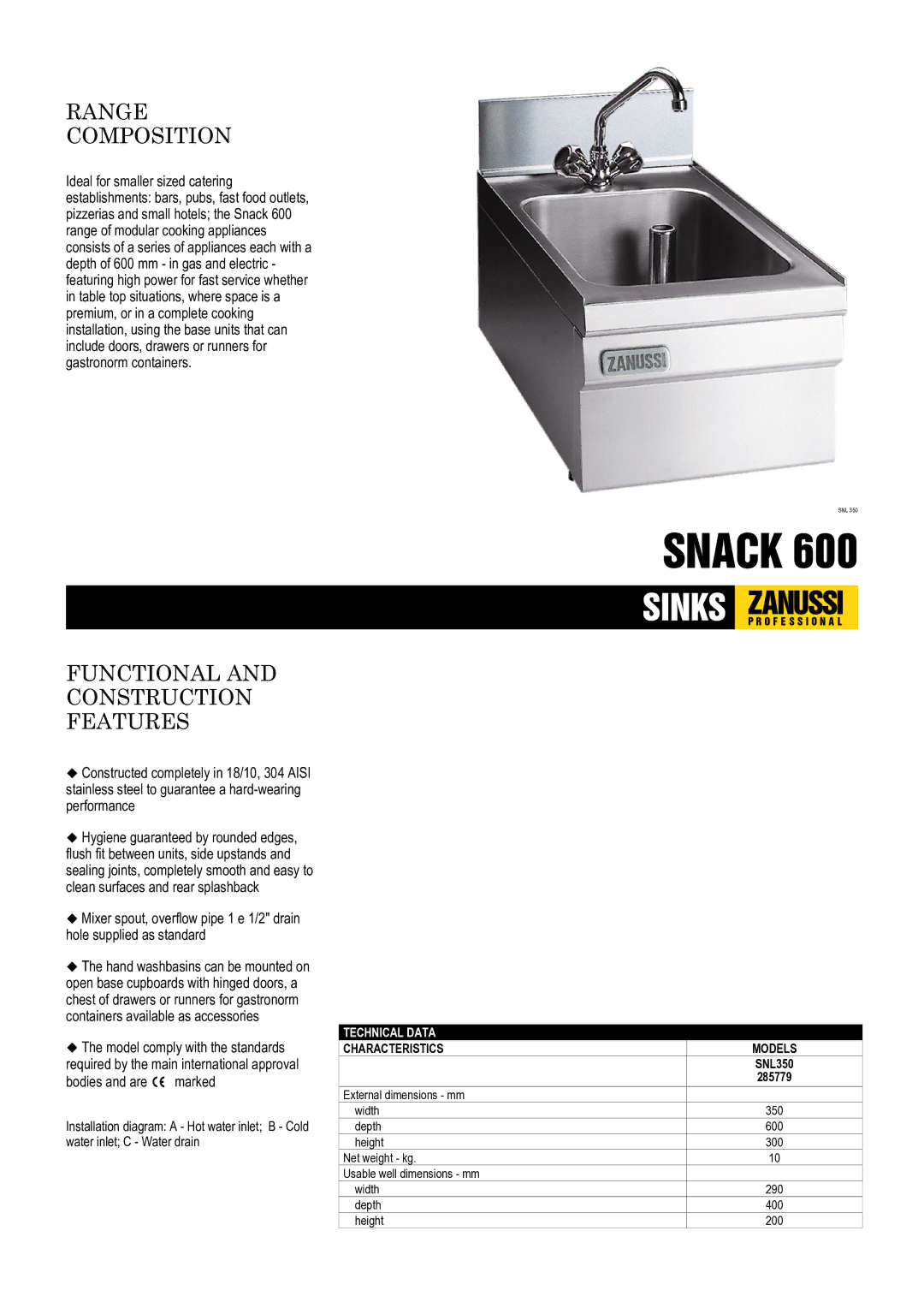 Electrolux SNL350, Snack 600, 285779 dimensions Range Composition, Functional Construction Features 