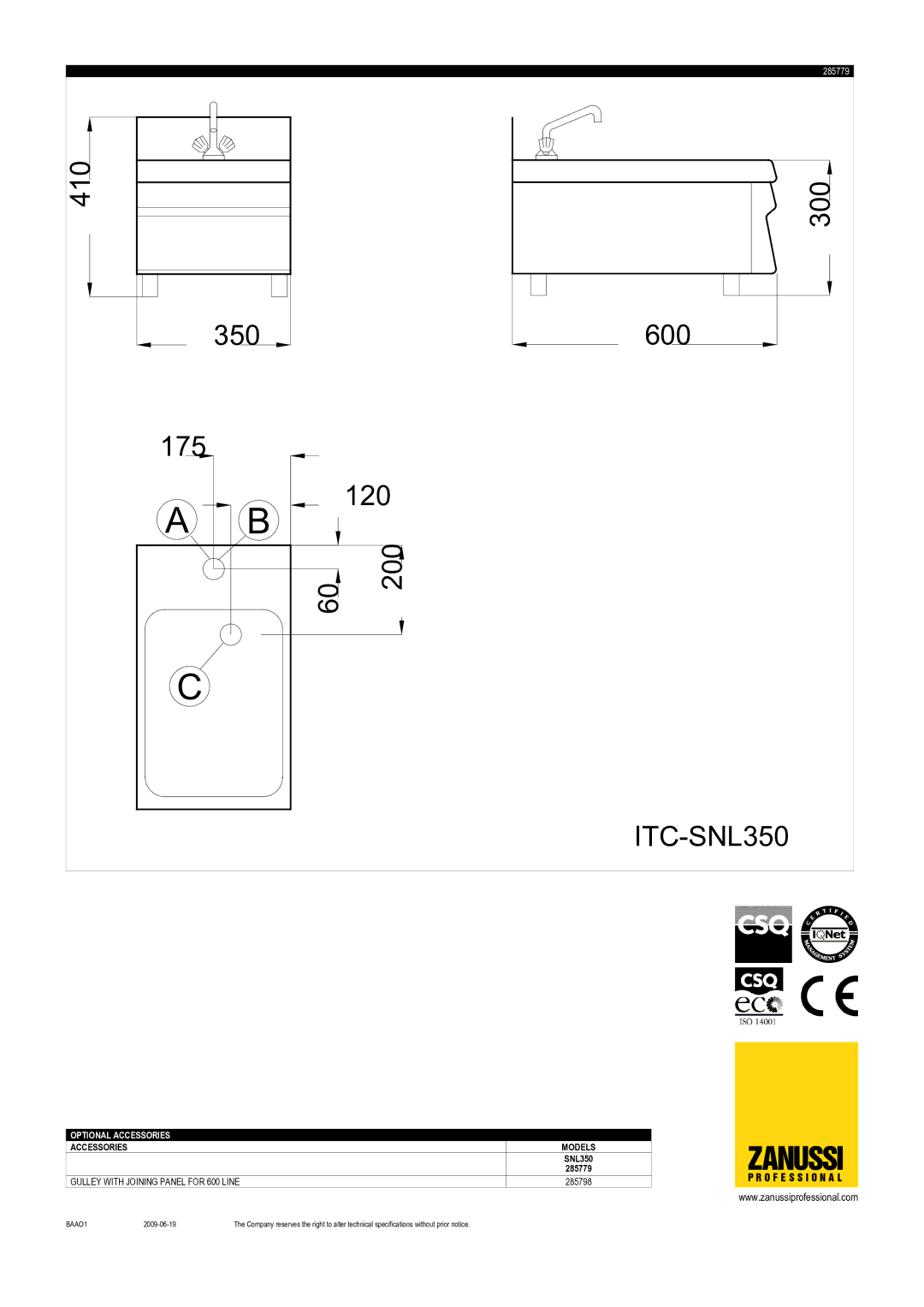 Electrolux 285779, Snack 600, SNL350 dimensions Zanussi 