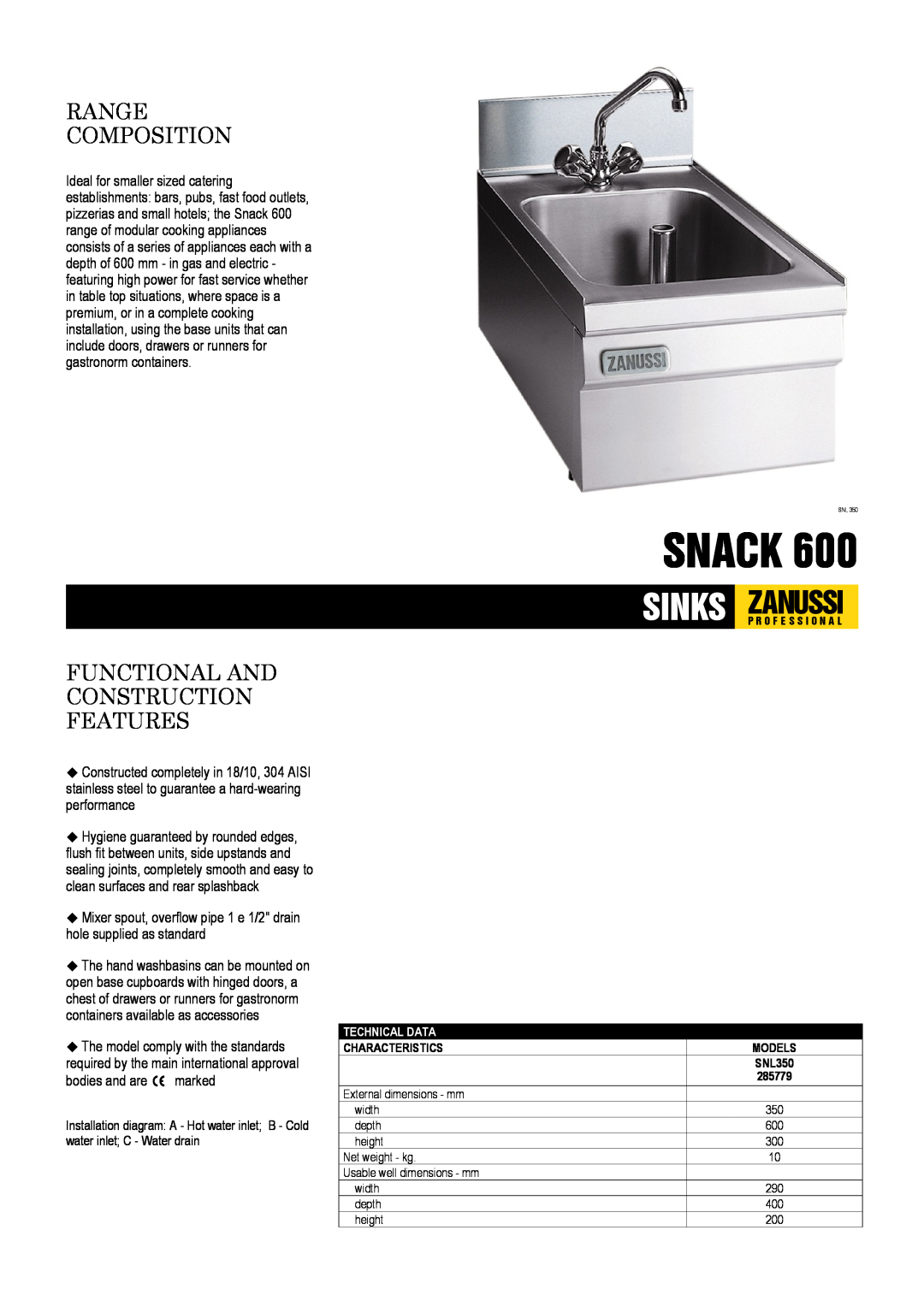 Electrolux SNL350, Snack 600, 285779 dimensions Range Composition, Functional And Construction Features 