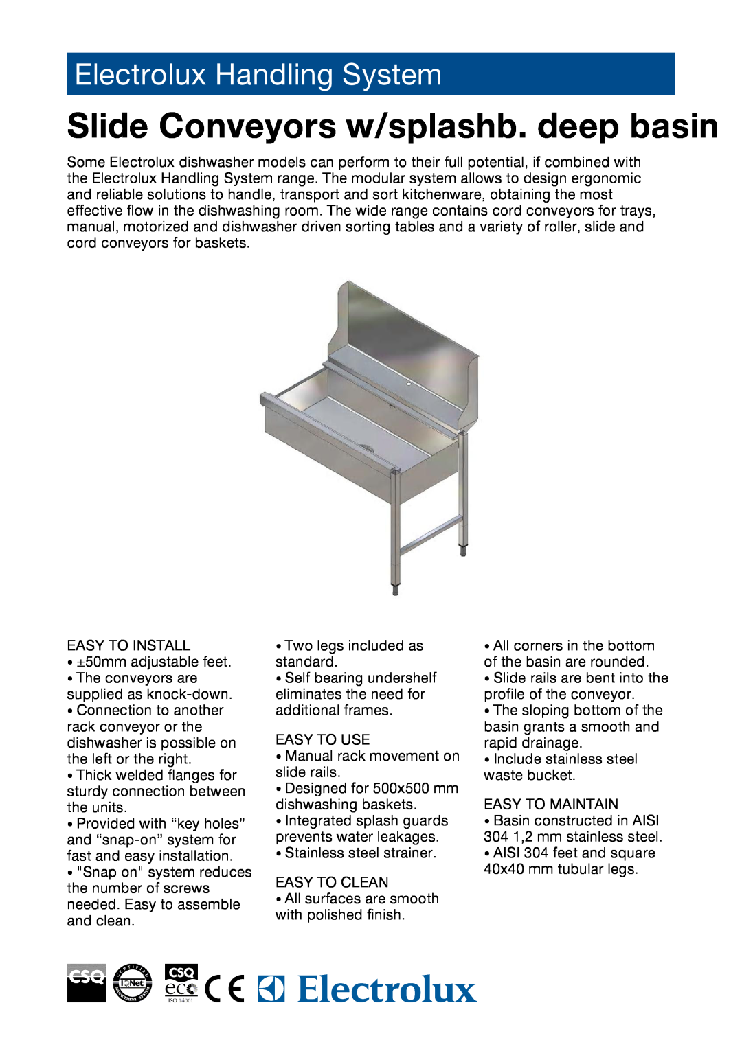 Electrolux SS-6 manual Slide Conveyors w/splashb. deep basin, Electrolux Handling System 
