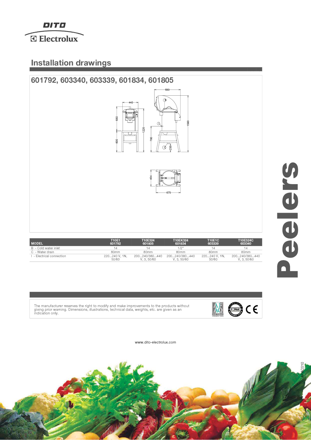 Electrolux T10E1C, T10EK324, T10E324C, 601792, 601834, 601805, 603340, 603339 manual Installation drawings, Peelers 