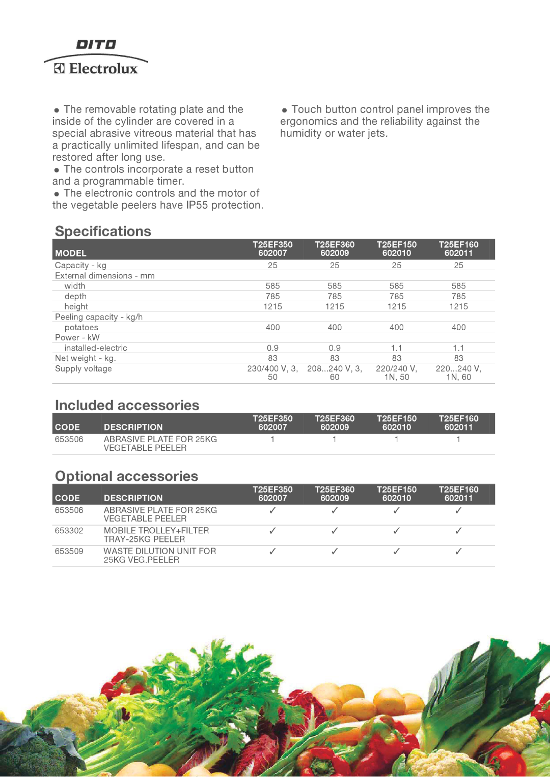 Electrolux Specifications, Included accessories, Optional accessories, T25EF350 T25EF360 T25EF150 T25EF160, 602009 