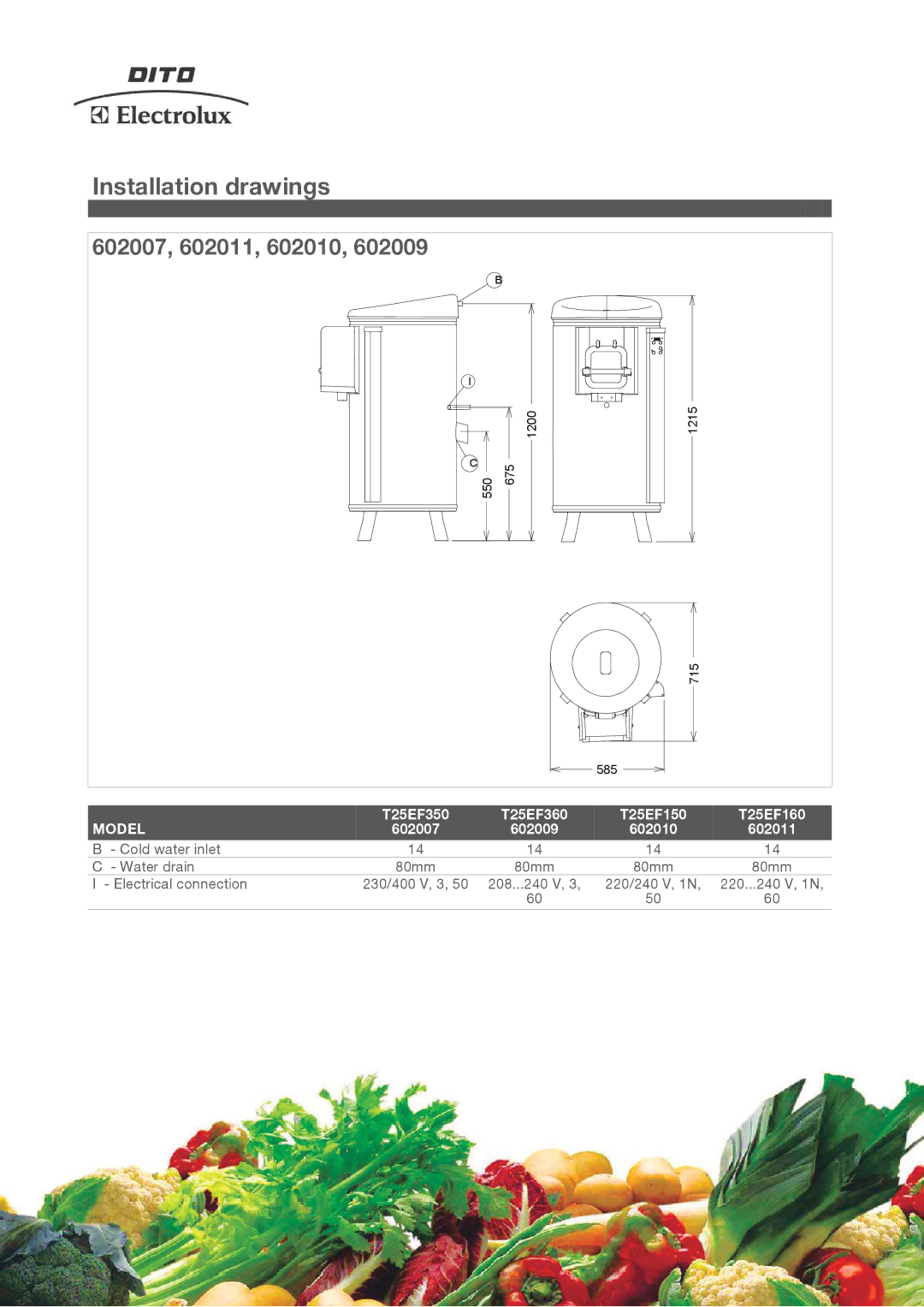 Electrolux T25E manual Installation drawings, 602007 602009 602010 602011 