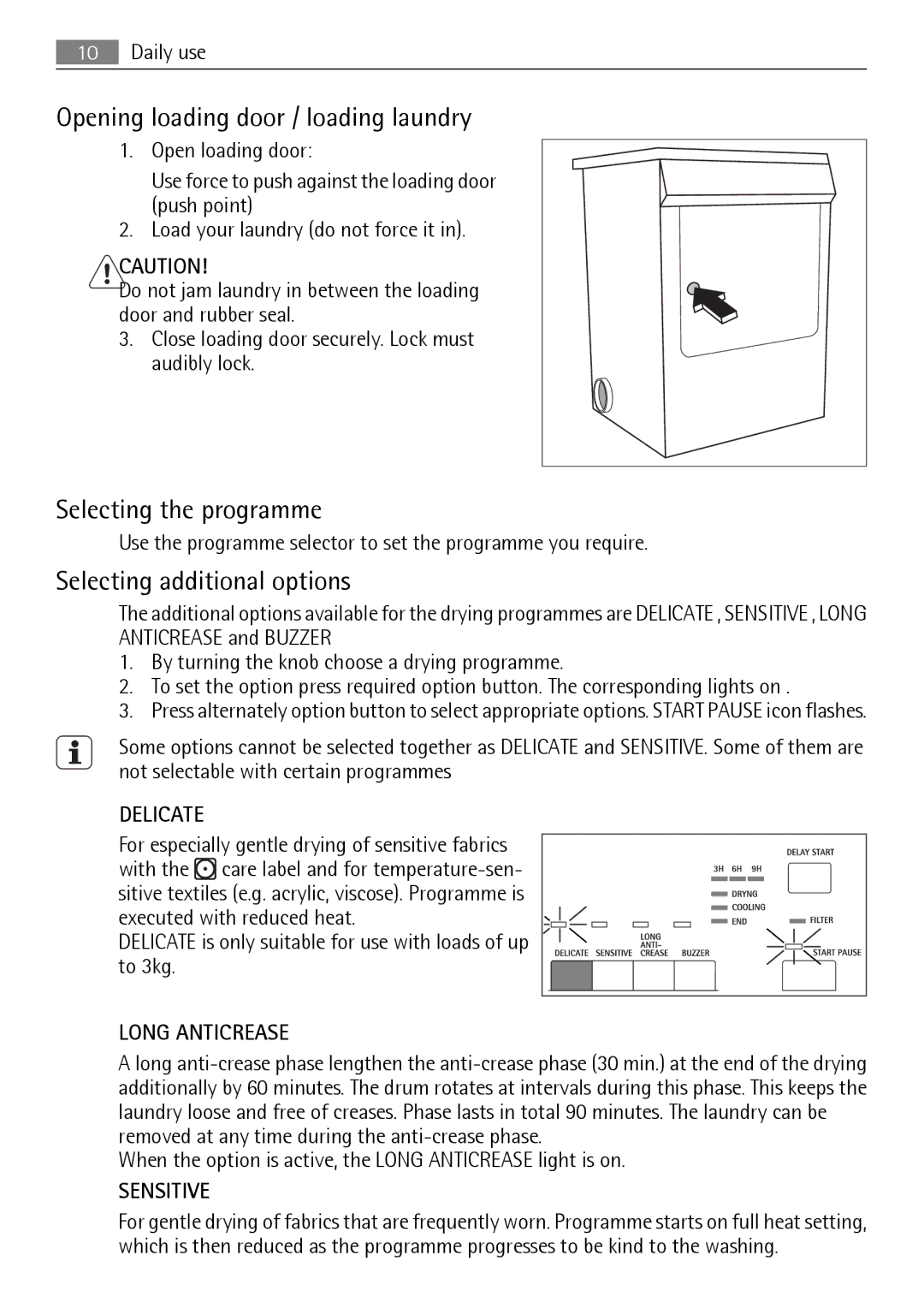 Electrolux T35850 user manual Opening loading door / loading laundry, Selecting the programme, Selecting additional options 