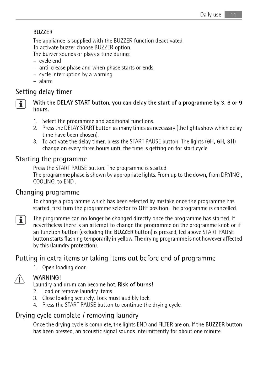 Electrolux T35850 user manual Setting delay timer, Starting the programme, Changing programme 