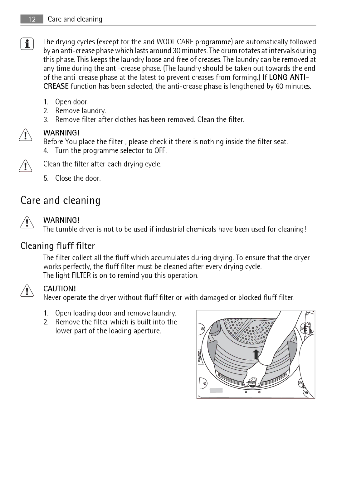 Electrolux T35850 user manual Care and cleaning, Cleaning fluff filter 