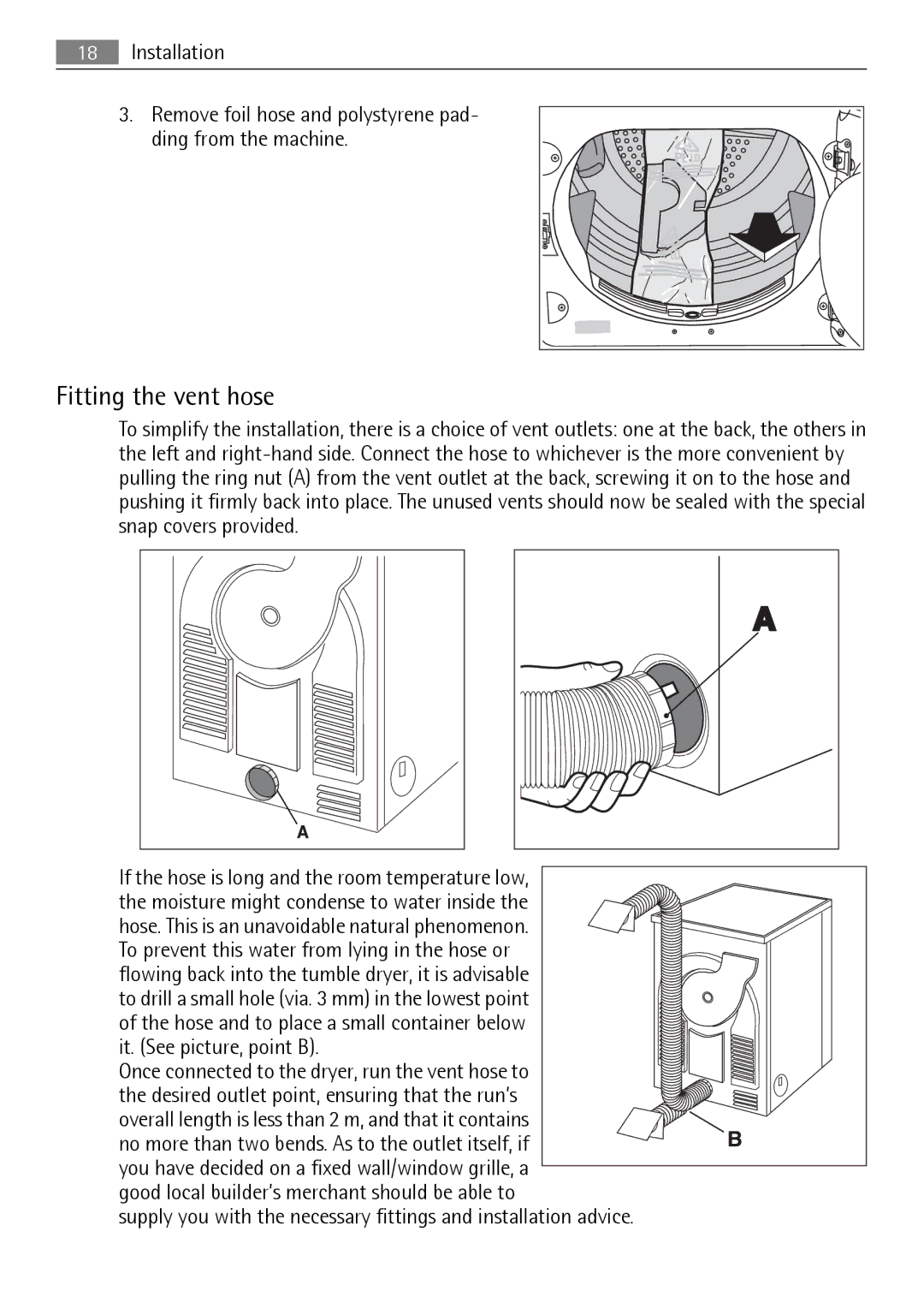 Electrolux T35850 user manual Fitting the vent hose 