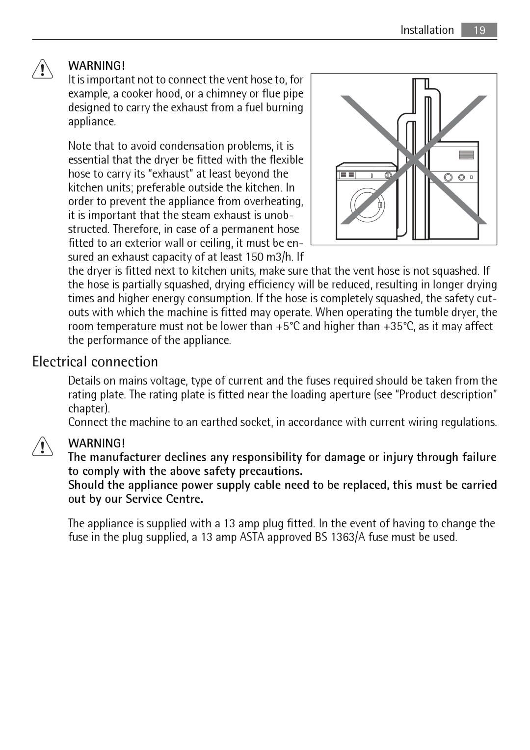 Electrolux T35850 user manual Electrical connection 