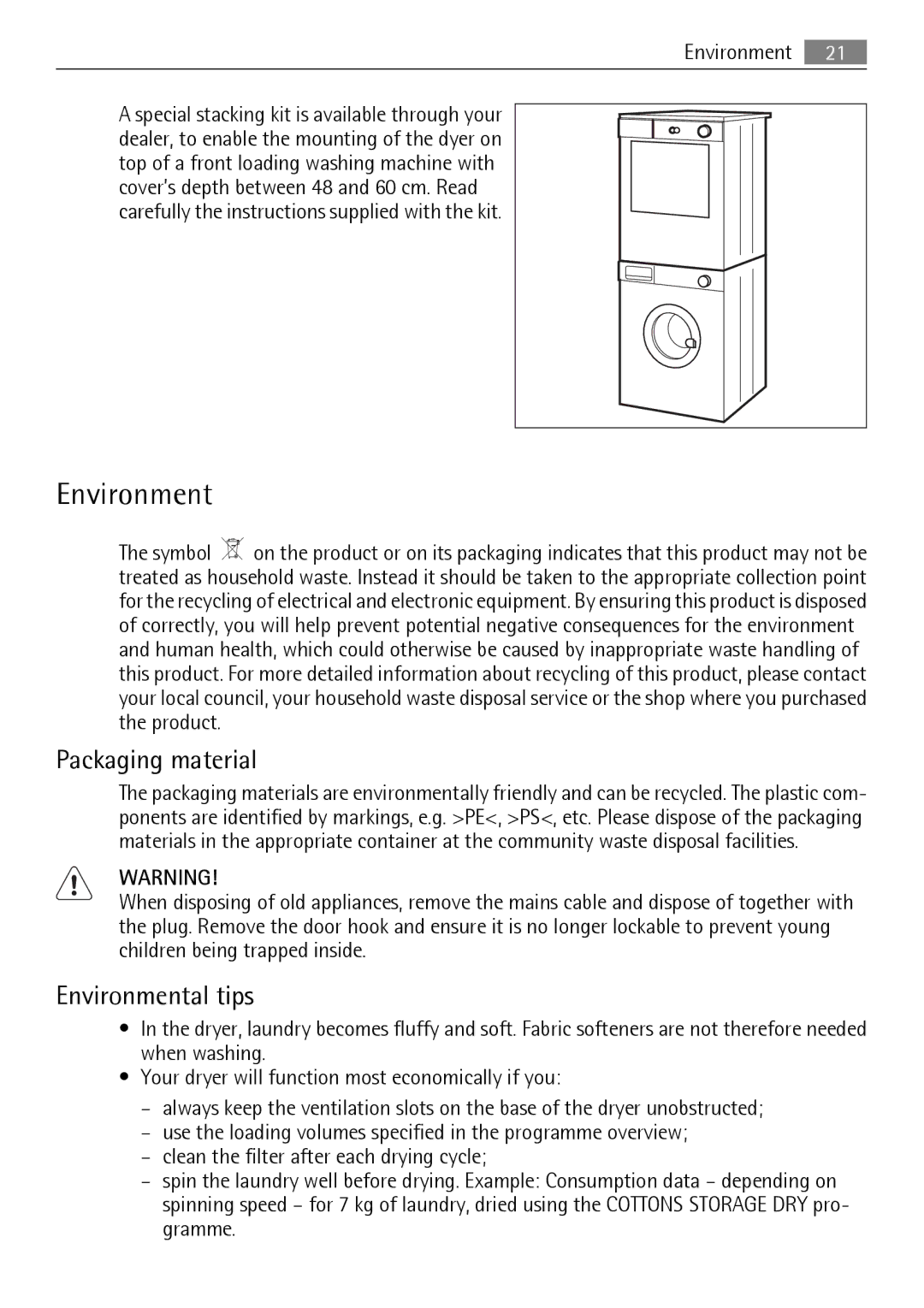 Electrolux T35850 user manual Packaging material, Environmental tips 