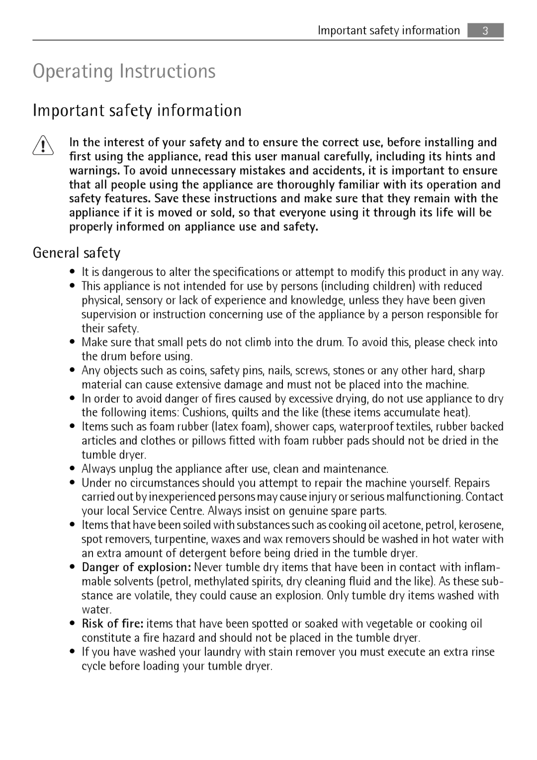 Electrolux T35850 user manual Important safety information, General safety 