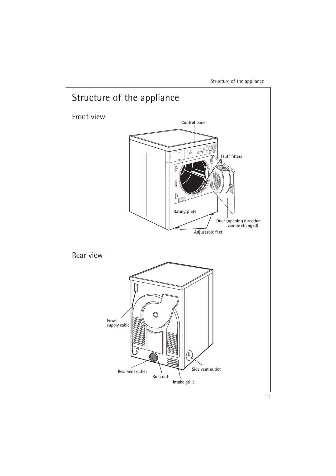 Electrolux T37400 operating instructions Structure of the appliance, Front view, Rear view 