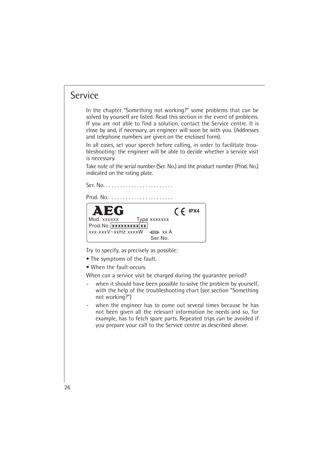 Electrolux T37400 operating instructions Service 