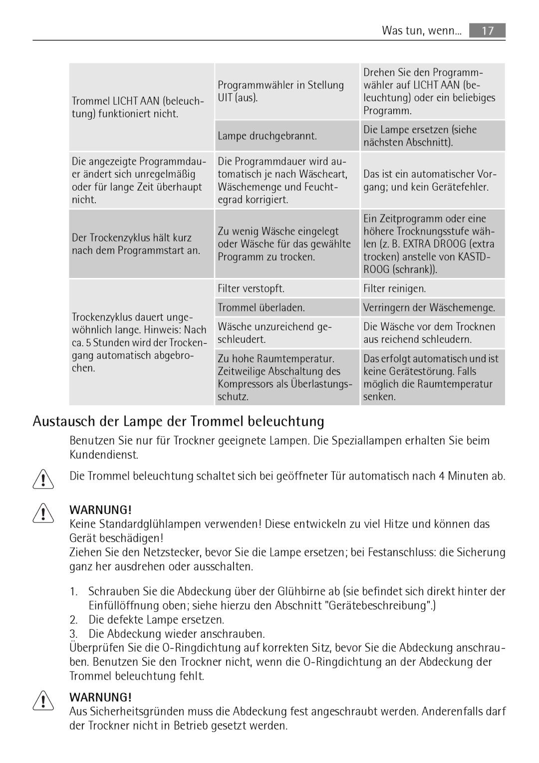 Electrolux T37850 user manual Austausch der Lampe der Trommel beleuchtung, Nächsten Abschnitt 