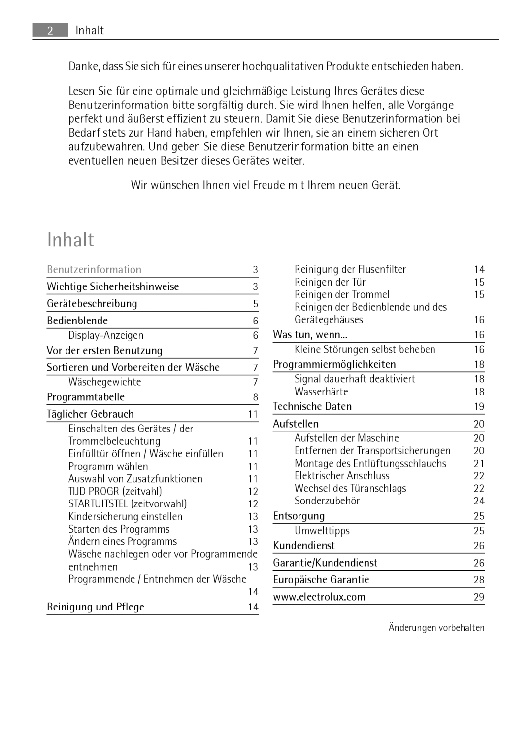 Electrolux T37850 user manual Inhalt, Wir wünschen Ihnen viel Freude mit Ihrem neuen Gerät 