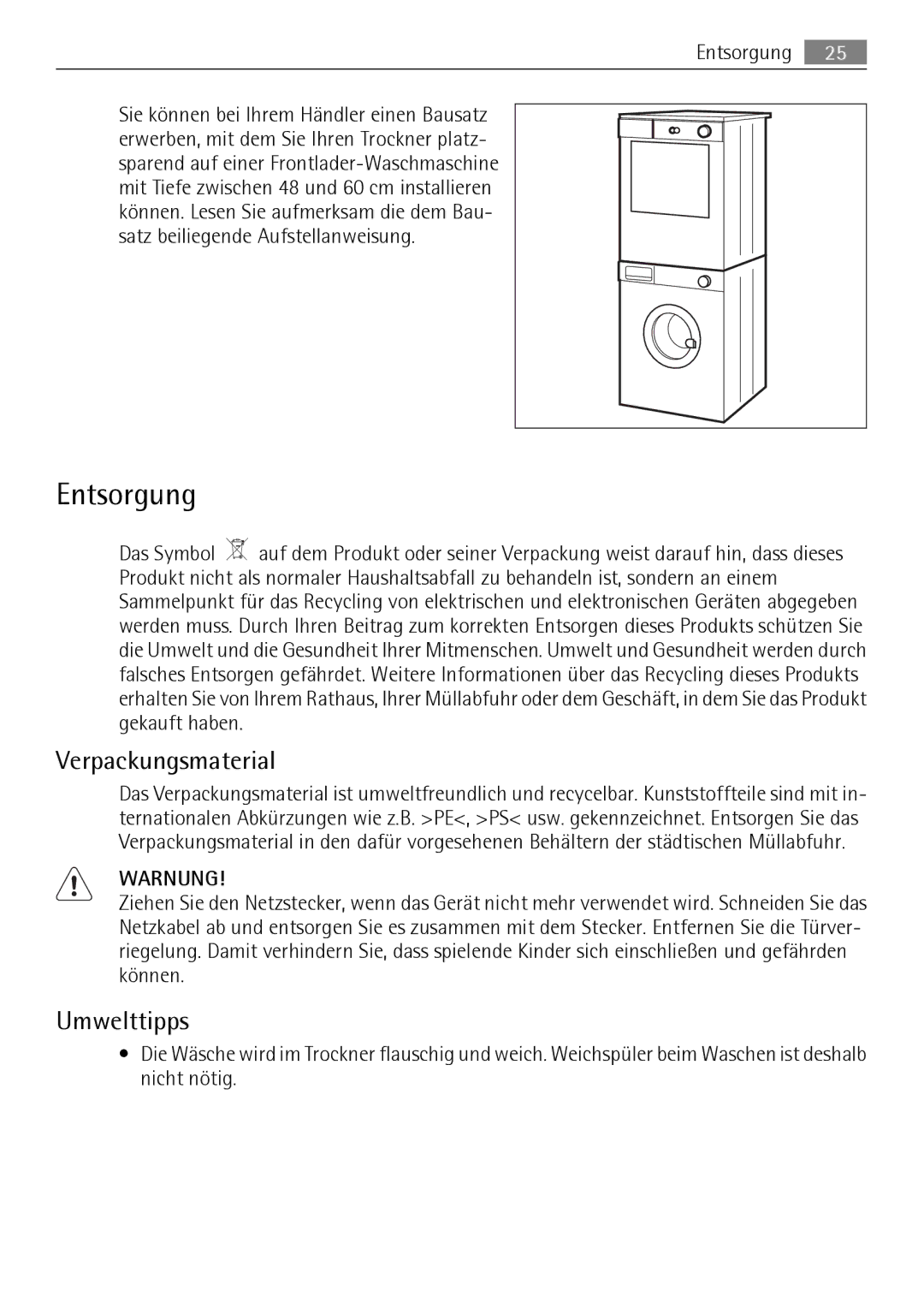 Electrolux T37850 user manual Entsorgung, Verpackungsmaterial, Umwelttipps 