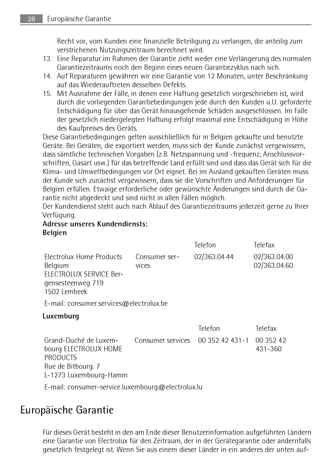 Electrolux T37850 user manual Europäische Garantie, Adresse unseres Kundendiensts Belgien, Luxemburg 