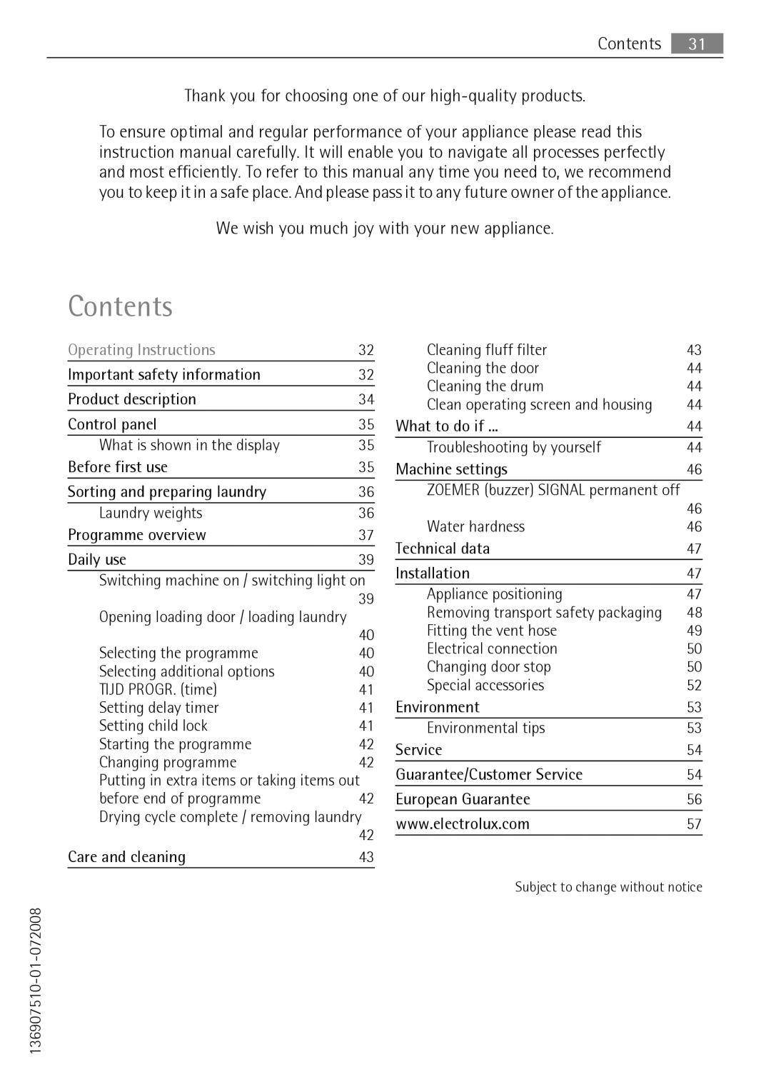 Electrolux T37850 user manual Contents 