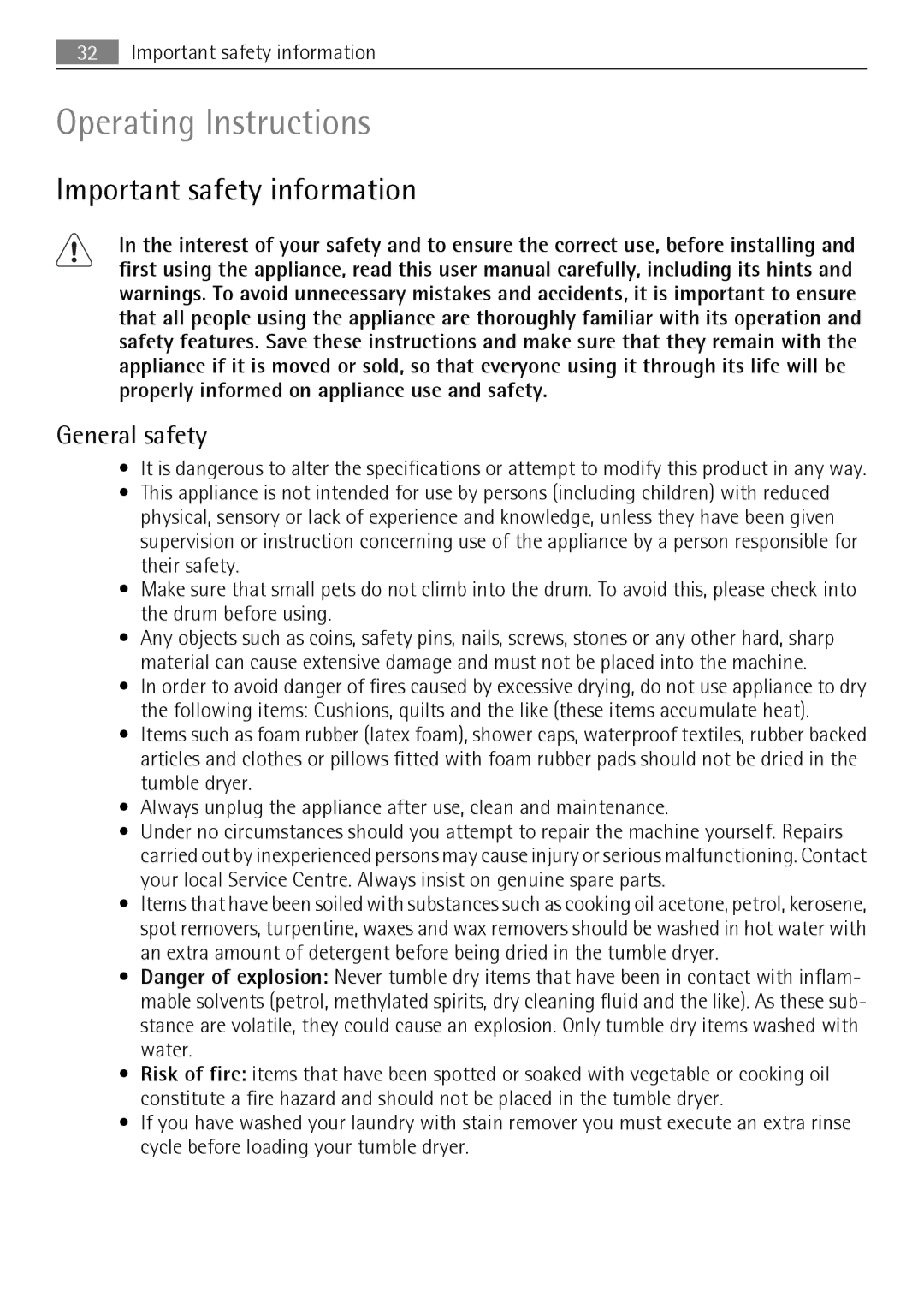 Electrolux T37850 user manual Important safety information, General safety 