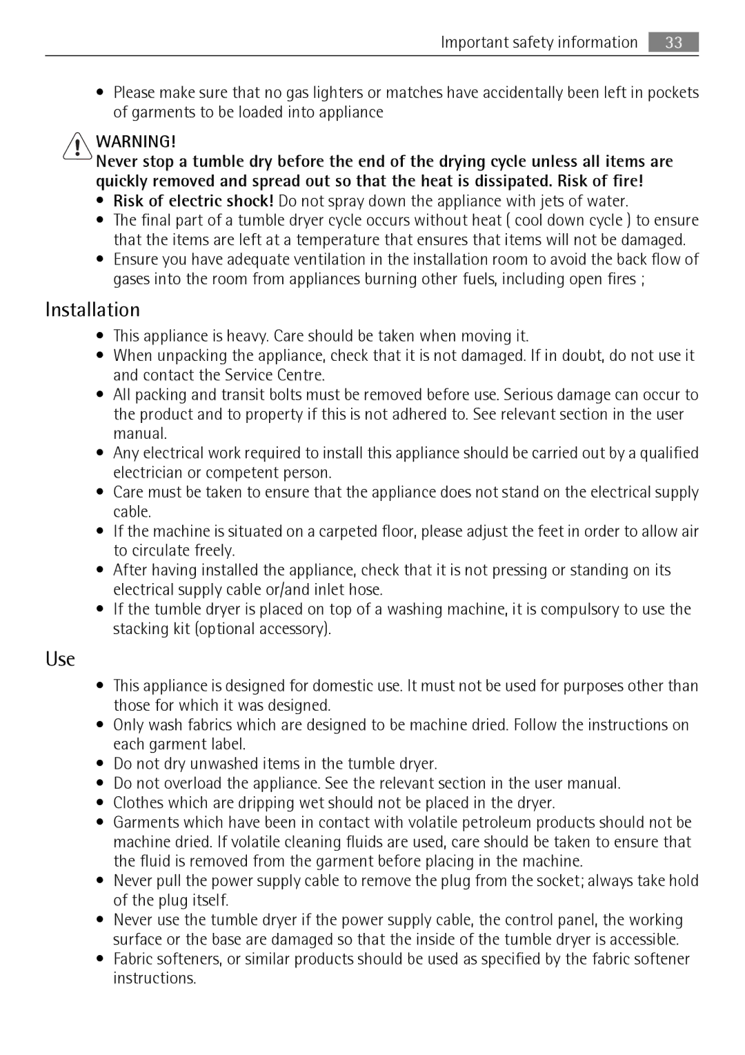 Electrolux T37850 user manual Installation, Use 