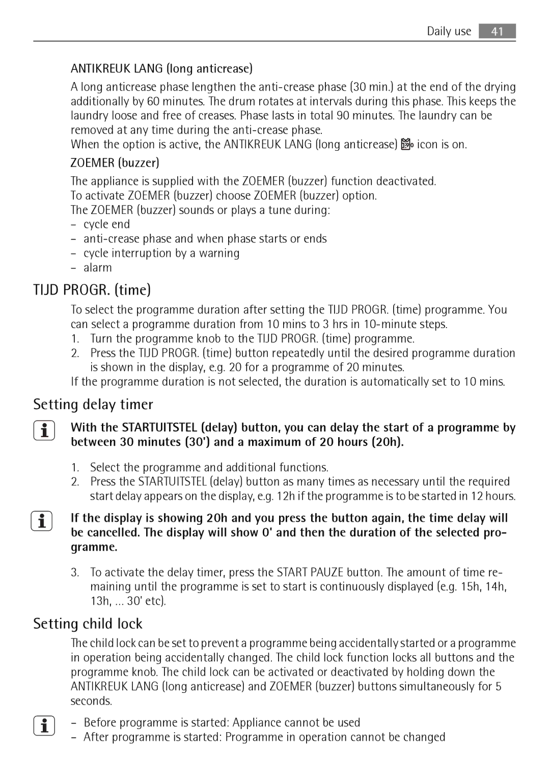 Electrolux T37850 user manual Tijd PROGR. time, Setting delay timer, Setting child lock 