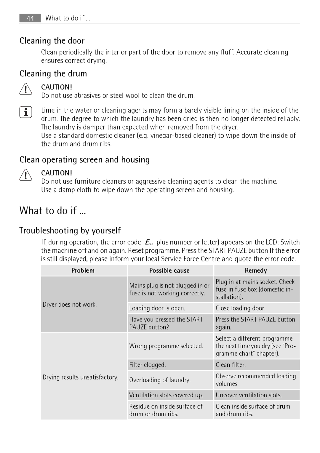 Electrolux T37850 user manual What to do if, Cleaning the door, Cleaning the drum, Clean operating screen and housing 