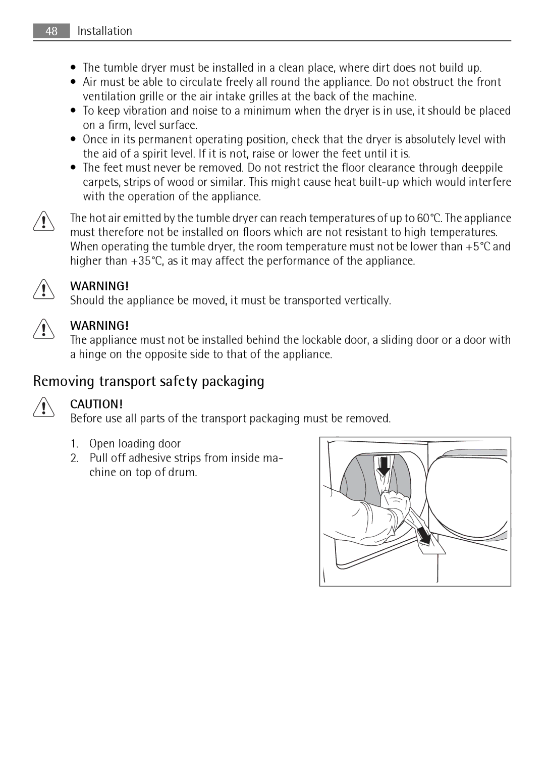 Electrolux T37850 user manual Removing transport safety packaging 