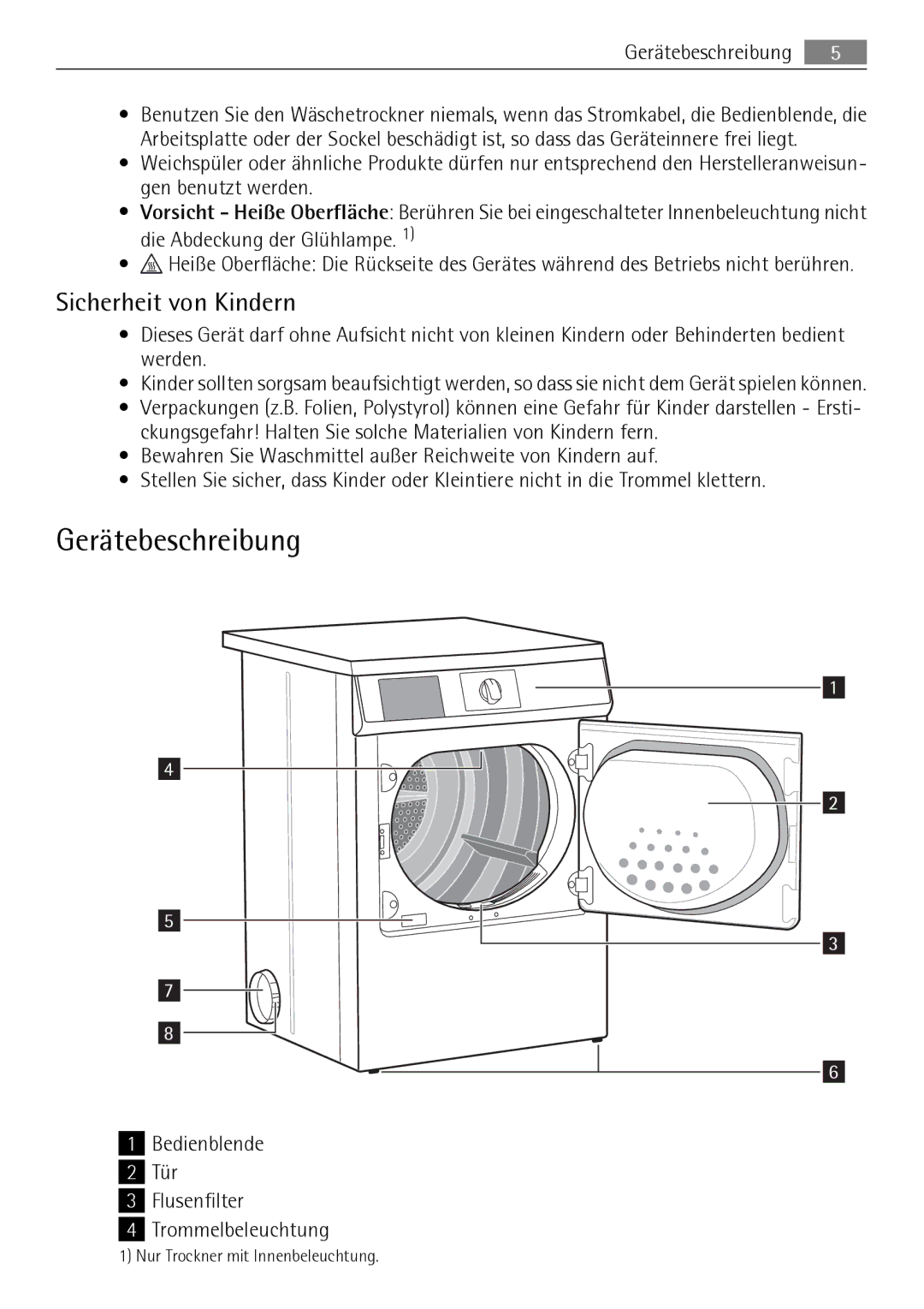 Electrolux T37850 user manual Gerätebeschreibung, Sicherheit von Kindern, Bedienblende Tür Flusenfilter Trommelbeleuchtung 