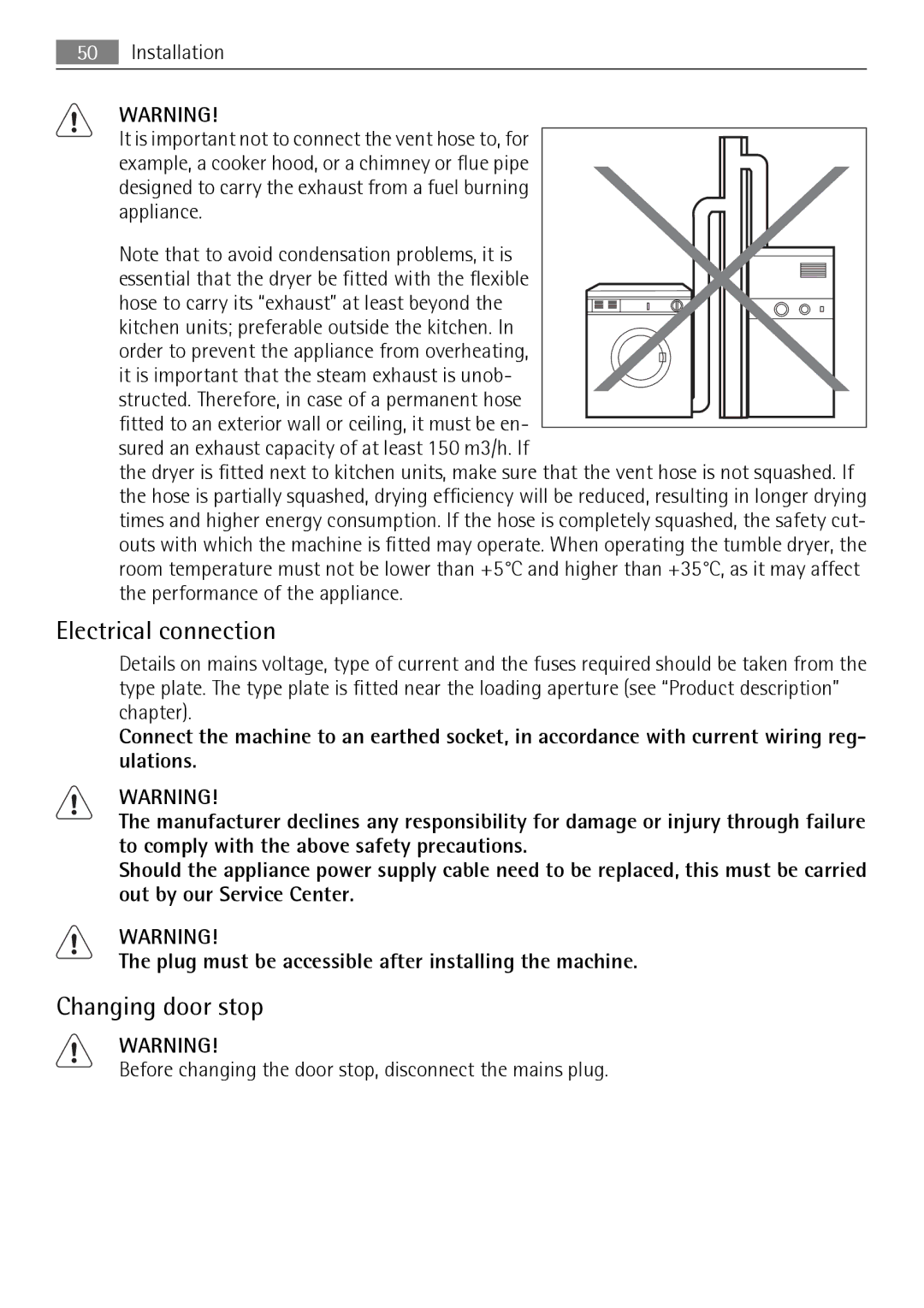 Electrolux T37850 Electrical connection, Changing door stop, Before changing the door stop, disconnect the mains plug 