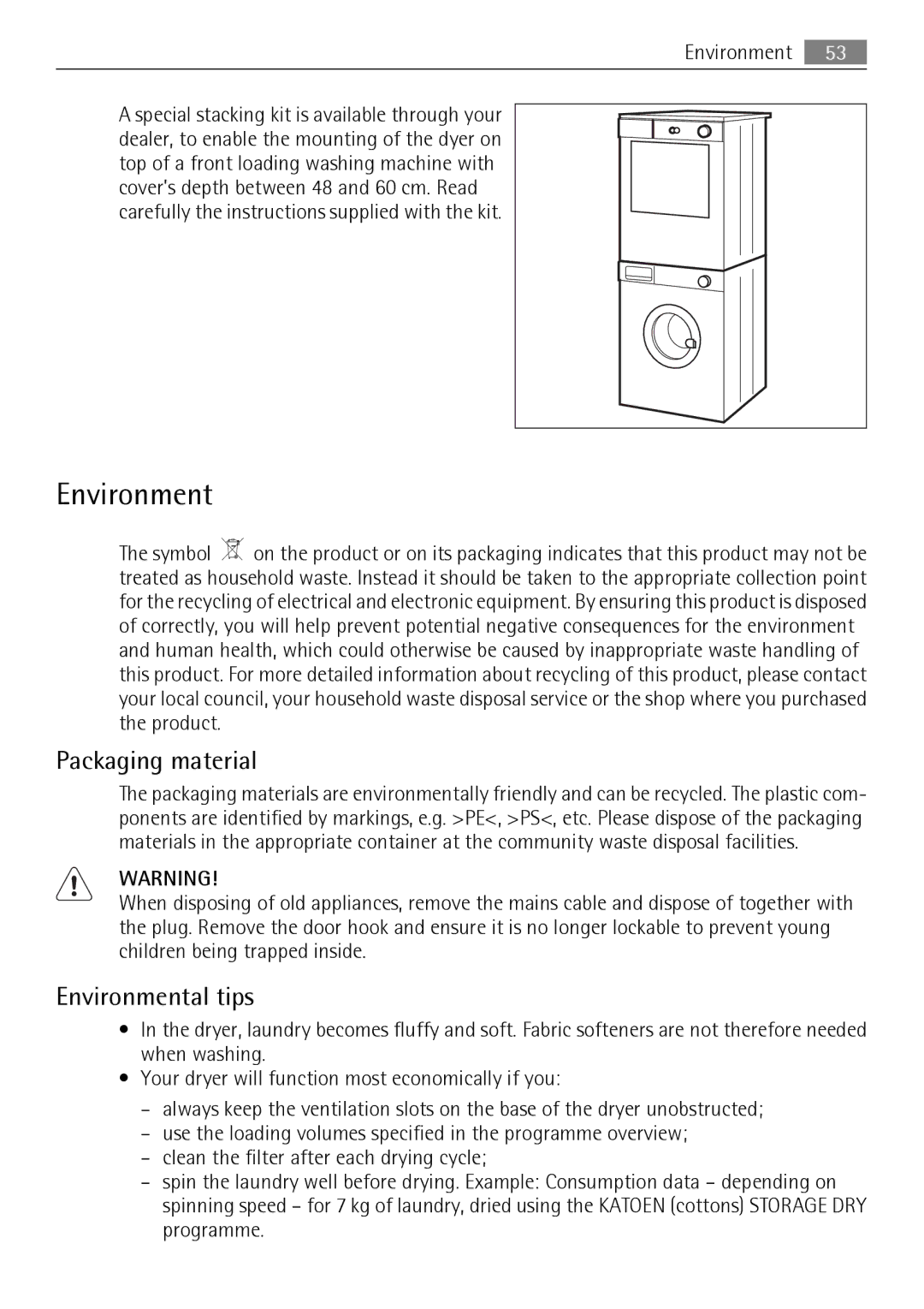 Electrolux T37850 user manual Packaging material, Environmental tips 