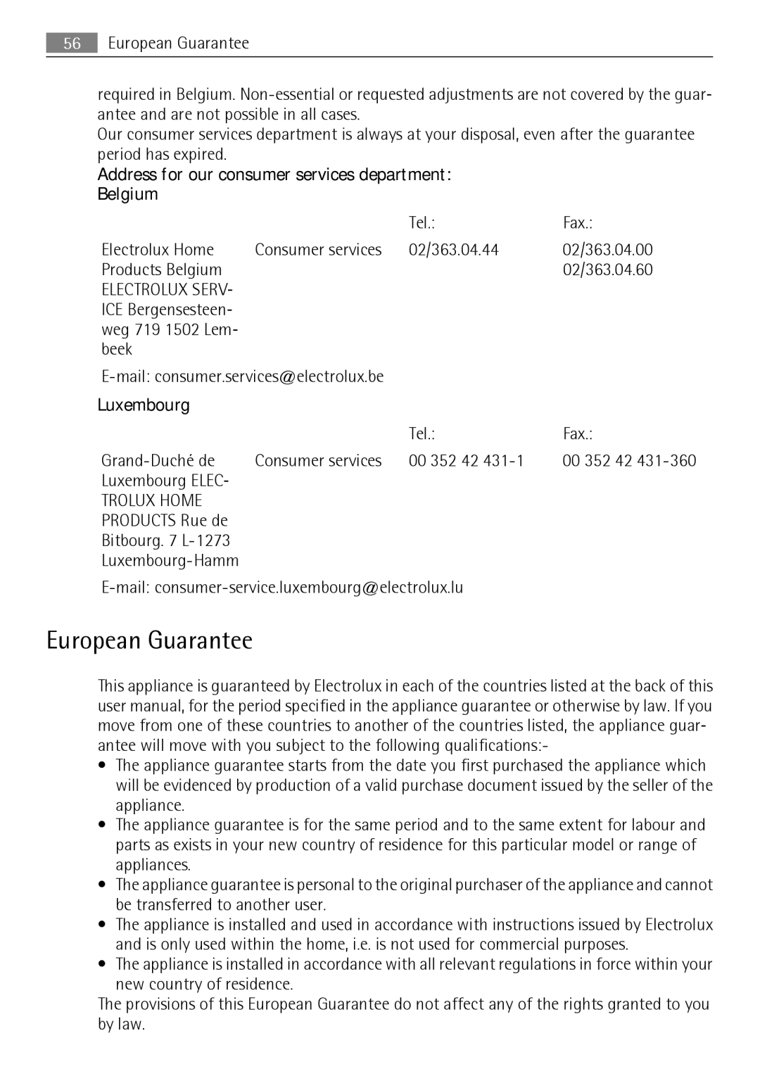 Electrolux T37850 user manual European Guarantee, Address for our consumer services department Belgium, Luxembourg 